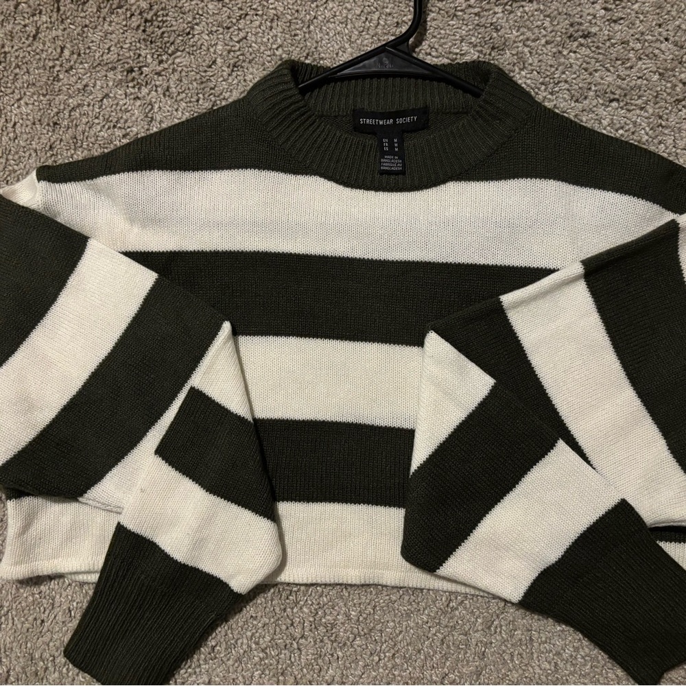 Streetwear Society Women's Green and White Striped Sweater